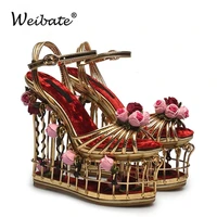weibate gold flower sandals women super high heel 16cm platform wedding shoes ankle strap buckle luxury party shoes woman