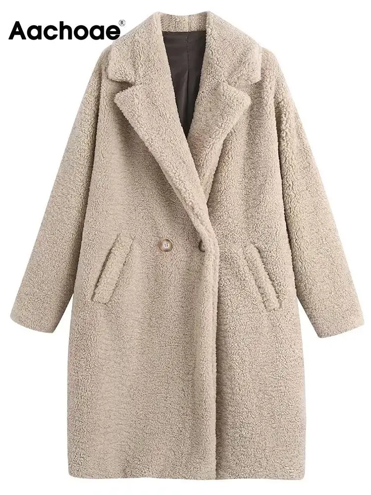 

Женское зимнее пальто из меха ягненка Aachoae, повседневная флисовая куртка с длинным рукавом и отложным воротником, длинное пальто, верхняя од...