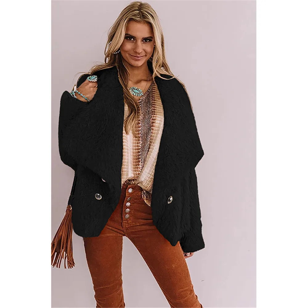 

Winter Womens Plush Coat Solid Color Loose Turn Down Collar Double Breasted Jacket Coat Warm Thick Fashion Teddy Coat