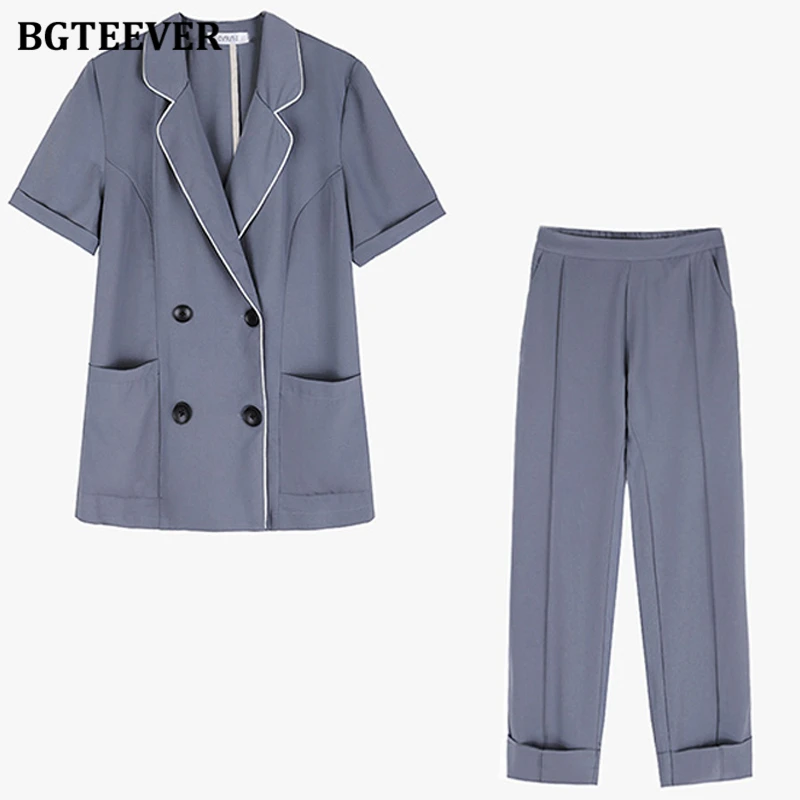 BGTEEVER Повседневный двубортный женский пиджак и прямые брюки с высокой талией