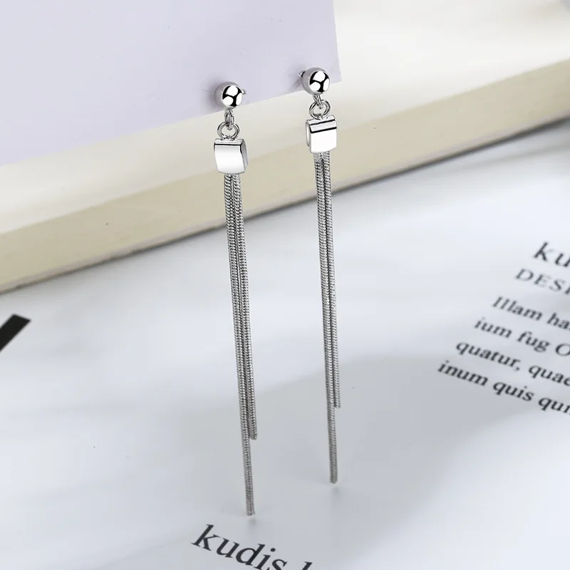 

925 Sterling Silver Tassel Square Bead Charm Drop Earring For Women Girls Fashion Wedding Jewelry eh780