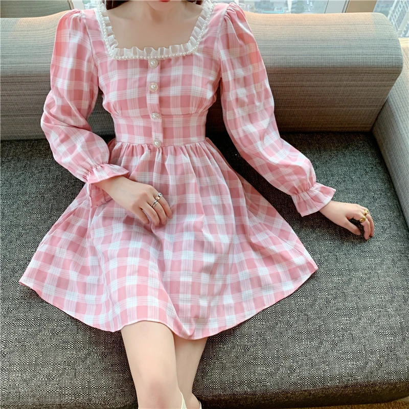 

pink Plaid New Autumn Spring A Line Office Lady Dress Women down collar Long Sleeve grid Casual Dresses Robe Femme Vestido
