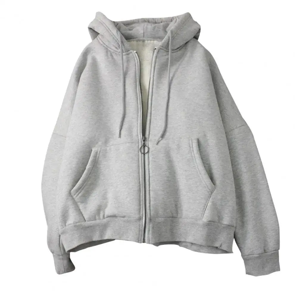 

Thicken Fleece Zipper Cardigan Hoodie Jacket Coat Solid Color Warm Hooded Drawstring Winter Casual Jacket for Daily Outwear