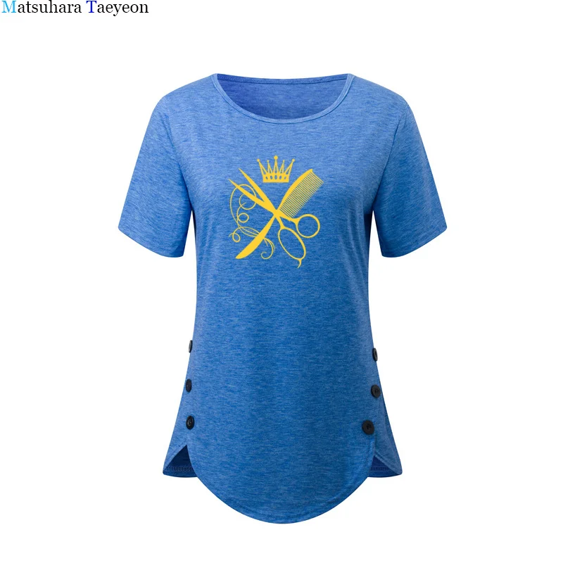

Comb Scissors Crown Hairdresser Print T Shirts Women Summer Casual Tops Women 2020 Funny O-Neck T Shirt for Women