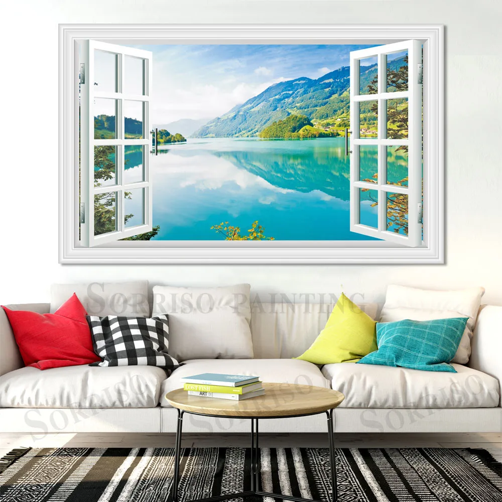 

Lake Mountain Landscape Wall Art 3D Imitation Window Design Canvas Painting Pictures Posters And Prints Home Living Room Decor