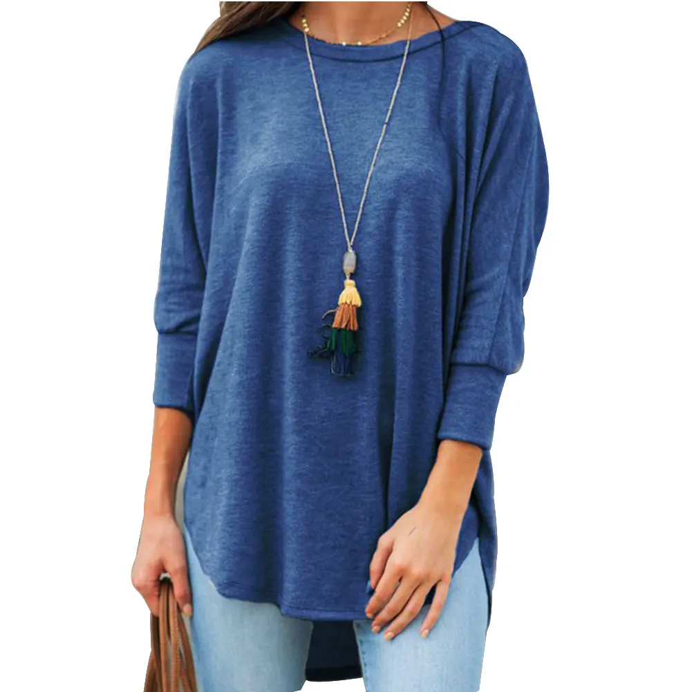 Осенние женские футболки с асимметричным подолом однотонные круглым воротником