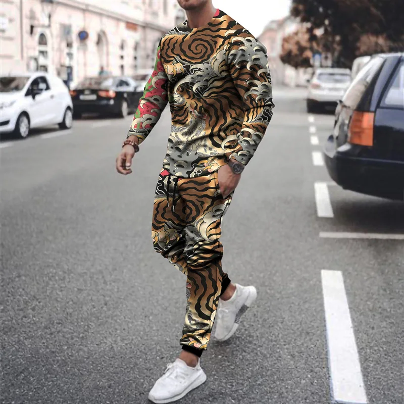 

3D Printing Tiger Lion Round Neck Long-Sleeved T-Shirt Sweatpants 2-Piece Set 2021 Spring Autumn New Hip-Hop Fashion Men's Suit