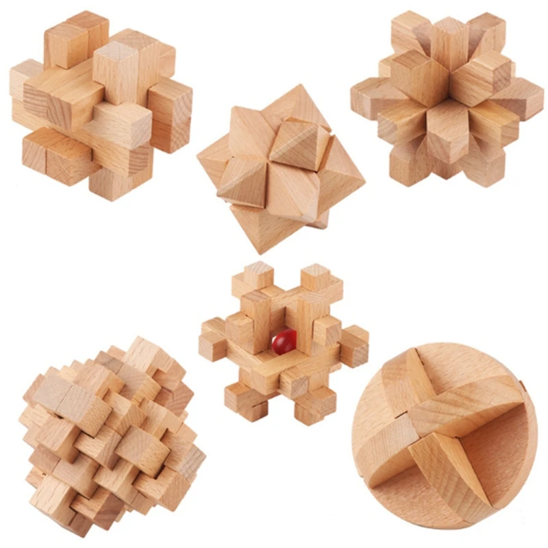 

6PCS/Set Design Kong Ming Lock Brain Teaser 3D Wooden Nine Link Interlocking Puzzles Game for Adults Kids Educational Toys