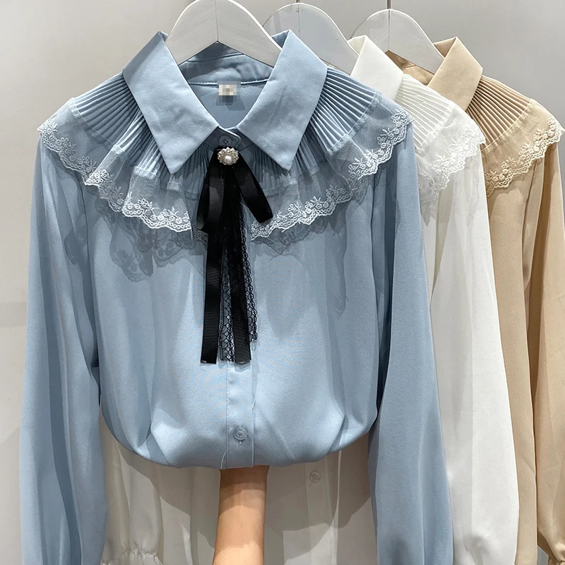 

Korean Style Lace Bow Lace Up Design Casual Cardigan Shirt Women Solid Vintage Streetwear Solid Harajuku Female Blouse Tops