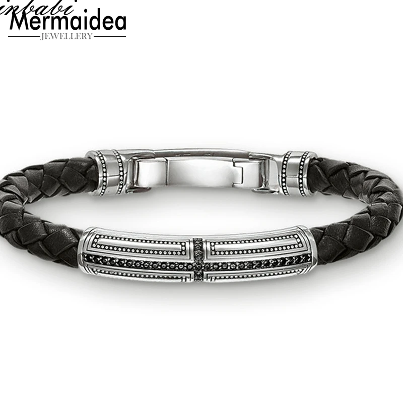 Браслет мужской кожаный черный крест острый посеребренный в стиле панк с сердцем