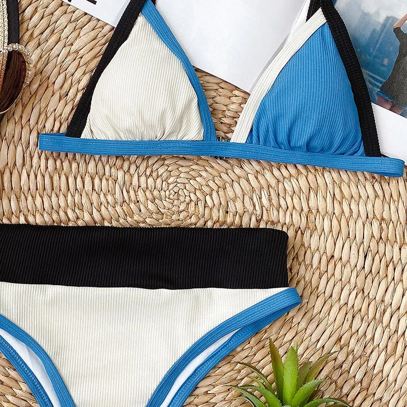 

Riseado Ribbed Bikinis Set High Waist Swimsuit Women Push Up Brazilian Beachwear Solid Patchwork Swimwear Sexy biquini 2021