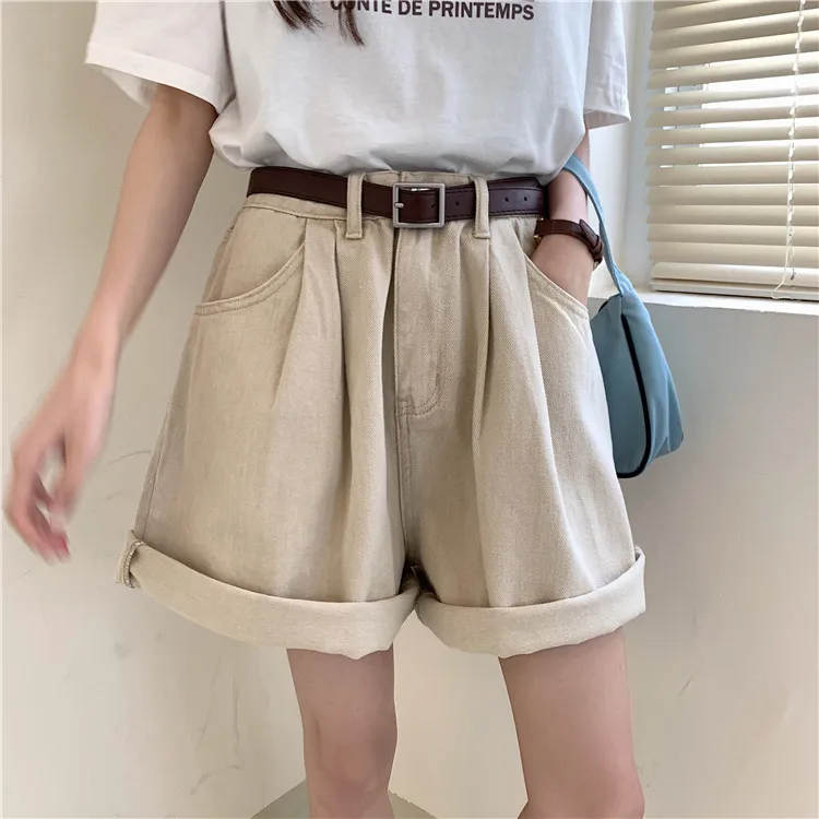 

Women's Summer High Waisted Denim Shorts Folded Hem Casual Short Jeans Big Loose Pleated Pockets Punk Hip Hop Streetwear Club