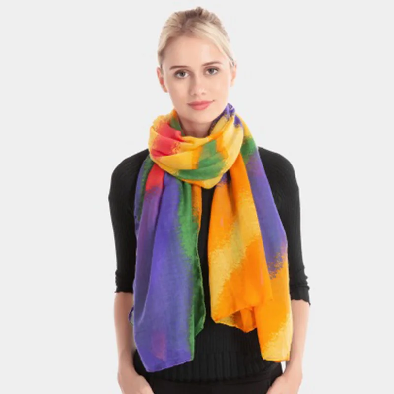 Женский хлопковый шарф с радужным градиентом зимний длинный теплый из хлопка и