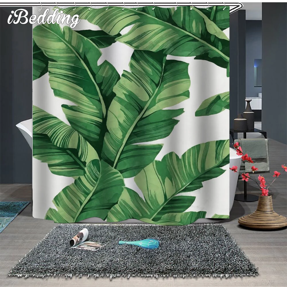 

Занавеска для душа с зелеными листьями, водонепроницаемая Полиэстеровая занавеска для ванной комнаты с 3D принтом, с крючками, декоративная ...
