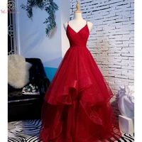burgundy evening dresses ceremony bling tulle tiered ruffle pleat v neck spaghetti strap long party formal gowns walk beside you