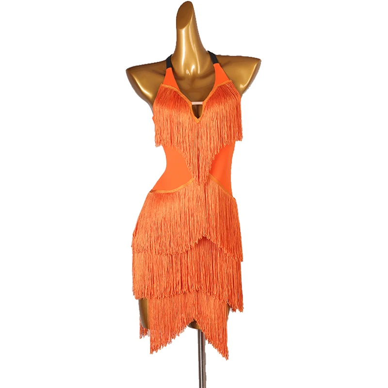 

New Latin Dance Dress Competition Dress pole Costumes Skirt Performing Dress Adult Customize Children Orange fringed skirts