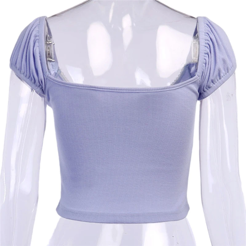 Женский облегающий топ с кружевным бантом короткий квадратным вырезом на груди и