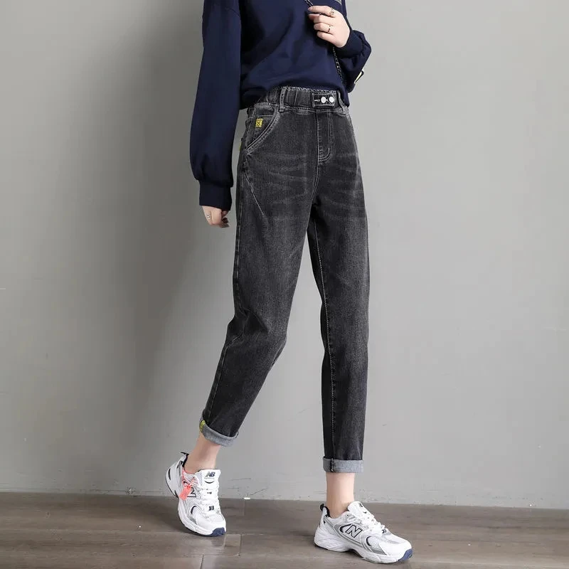 

Women Plus Size Punk Jeans Vintage Black Denim Pants Bf Elastic Waist Baggy Jeans Female Street Fashion Ankle-Length Harem Pants