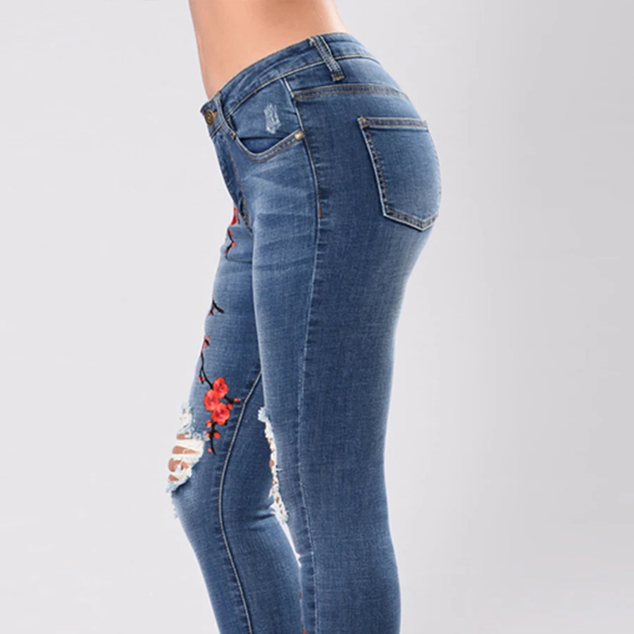 

DICLOUD Fashion embroidered jeans woman casual high waist pencil pants Woman Plus size hole Skinny Female Denim Trousers