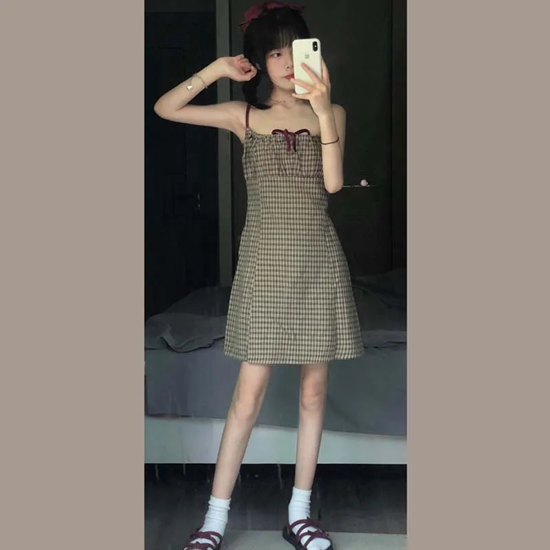 

one-piece Japanese sweet Plaid Women Mini Dress Korean Spaghetti Strap Bow Summer Dress Retro fashion Square collar girl Dress