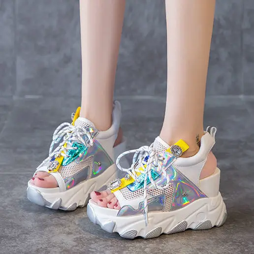 

Inner high net red sandals women's summer 2021 new Korean version of the slope heel ins tide drill transparent fairy sandals