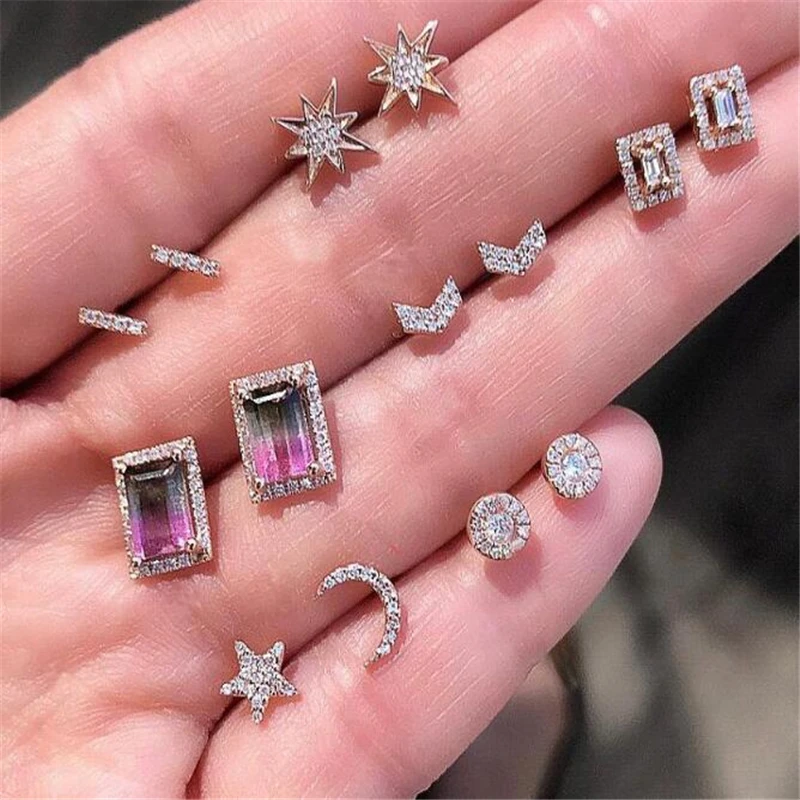 7 пар/компл. луны и звезд круглый Bijoux(украшения своими руками) фиолетового цвета с украшением в виде кристаллов женские серьги в виде Boucle D'oreille ювелирные изделия ослепительные Серьги Brincos, можно носить - Окраска металла: Gold Earrings Set