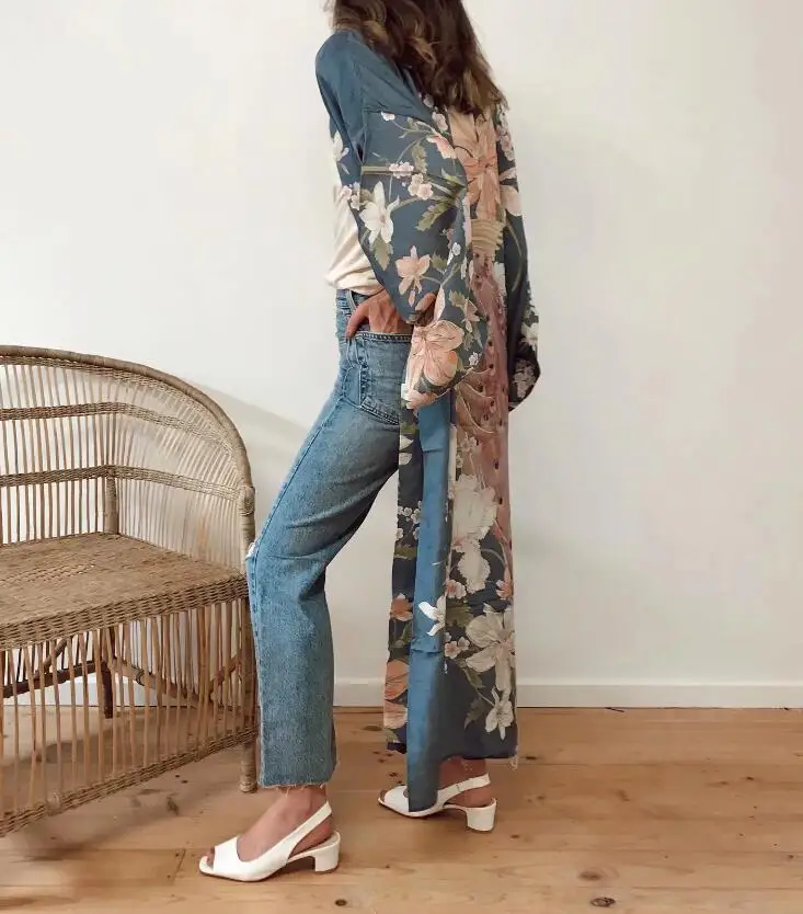 

Bohemian V neck Peacock Flower Print Long Kimono Shirt Ethnic New Lacing up Sashes Long Cardigan Loose Blouse Tops femme
