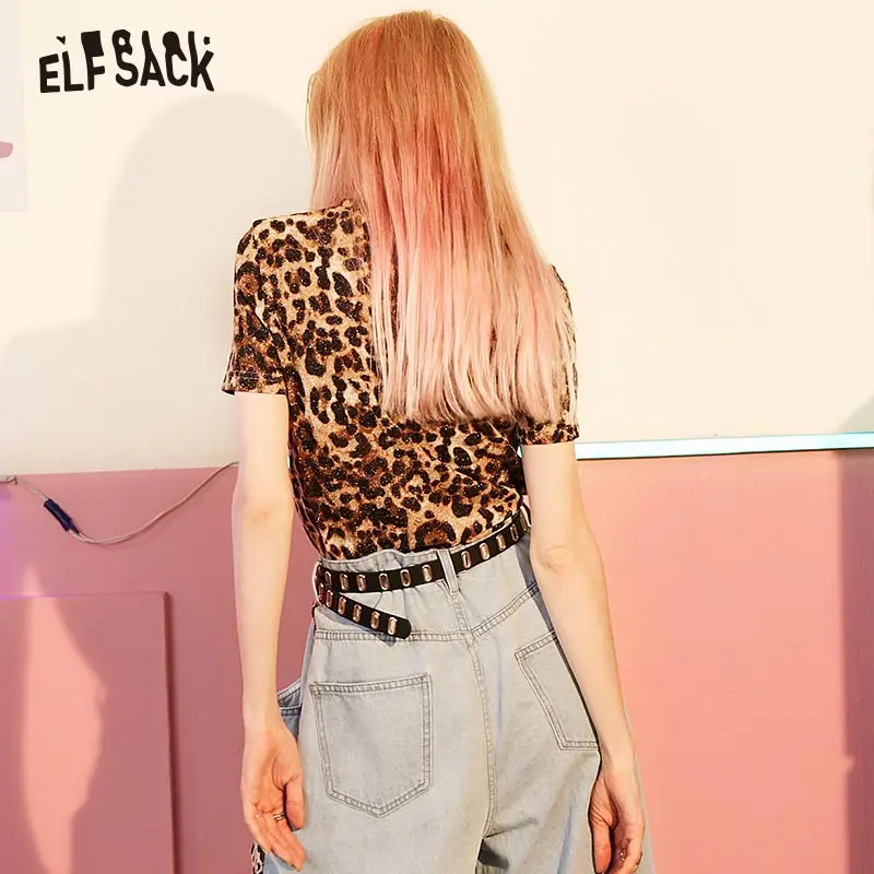 ELFSACK сексуальные леопардовые женские футболки модные блестящие винтажные