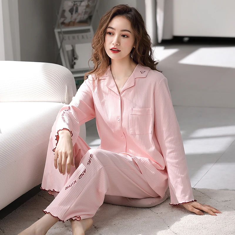 

Autumn Full Cotton V-Neck Pajamas Set Women Nightwear Long Sleeve AND Pants Homewear Ladies Big Yards Casual Home Clothes Female