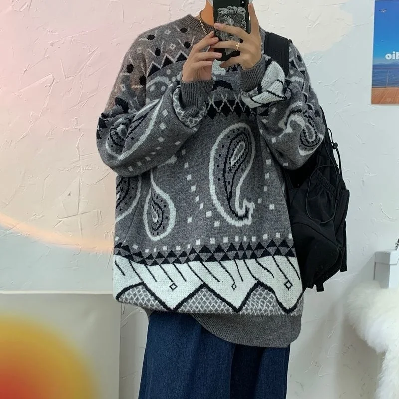 

Hybskr Vintage Graphic Sweaters Loose Casual Mens Autumn Winter Knitted Pullovers O-neck Fashion Male Knitwear Couple Clothing