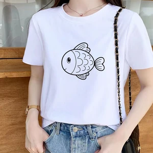 Women Short Sleeve Streetwear Fishes Fashion Clothes 2021 Cute Print Tshirt Female Tees Top White Ladies Graphic T-shirts