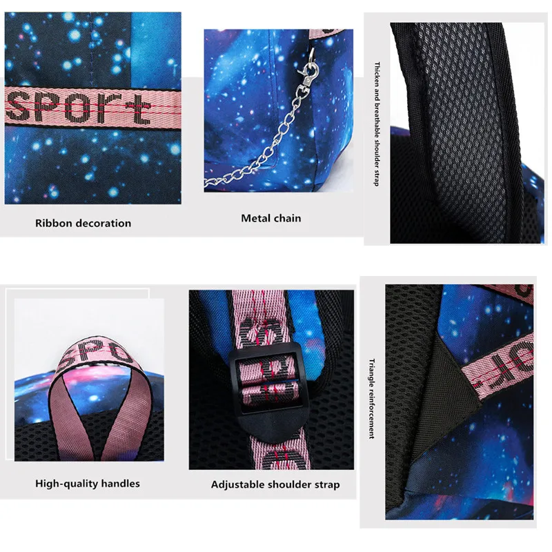 

Popular Teen Girls Boys Galaxy Cool Nylon Backpack USB Charger Large Capacity Starry Sky Universe Space School Bag