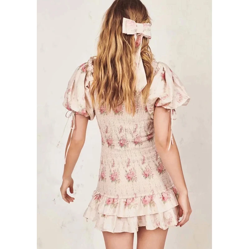 

KHALEE YOSE Boho Floral Mini Dress Autumn 2020 Vintage Chic Dress Elastic Puff Sleeve Ruffles Bodycon Slim Holiday Dress Women