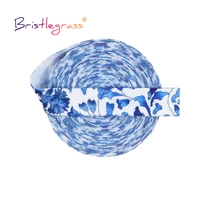 bristlegrass 2 5 10 yard 58 15mm blue flower print fold over elastic foe spandex satin band tape hair tie headband sewing trim