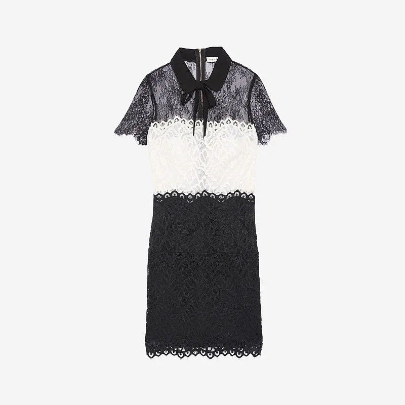 

Gezelligheid Dresses For Women 2021 Summer New Fashion Elegant Slim Sexy Bowknot Hollow Black White Match Lapel Lace Midi Dress