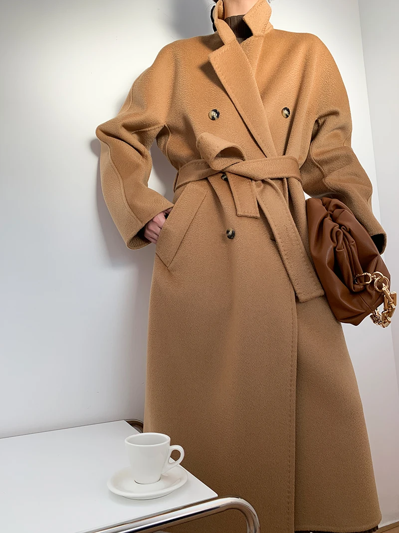 

Limited double breasted water ripple double sided cashmere coat women windbreaker long in thick can customized big size