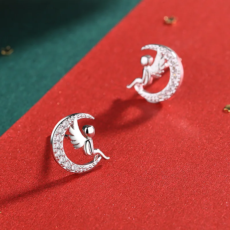 Серьги-гвоздики женские из серебра 925 пробы в форме ангела и Луны свадебные