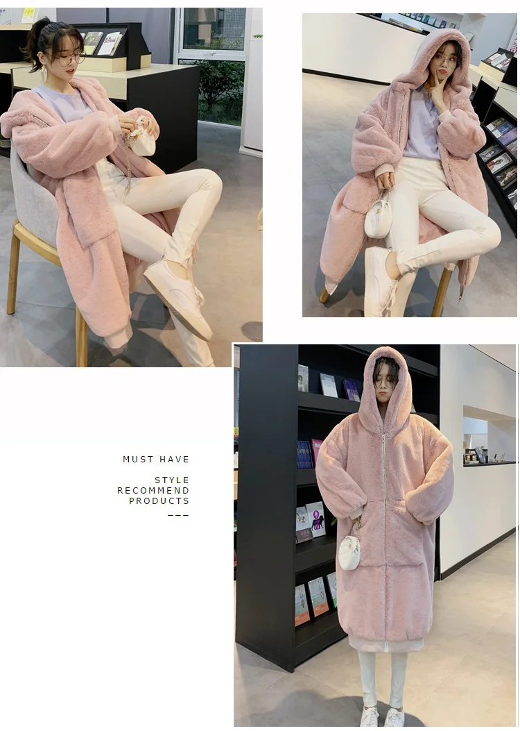 30 Degrees Fur Coat Women Casual Hoodies Furry Thick Warm Long Faux Rabbit Fur Jacket Loose Winter Coat Women OverCoat