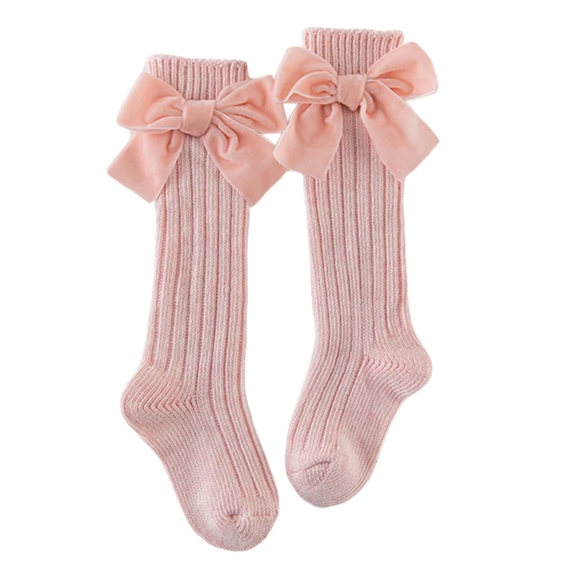 

Kids Baby Girls Chunky Ribbed Knit Knee High Socks Solid Color Cute Velvet Bowknot Princess Cotton Warm Long Stockings
