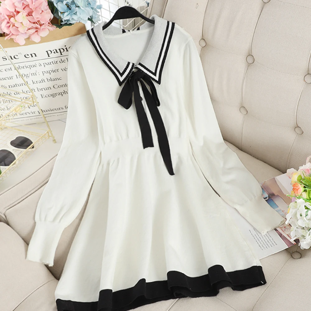 SINGRAIN женское плотное вязаное платье зимнее отложной студенческий стиль вязаный