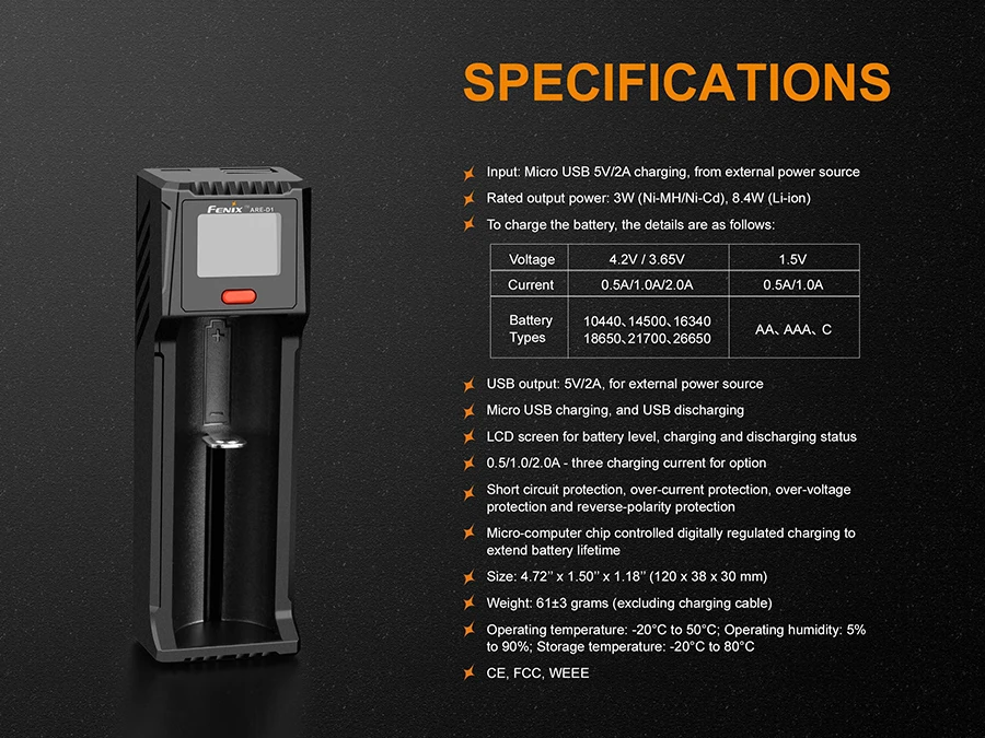 Зарядное устройство Fenix ARE-D1 Совместимо с литий-ионными и Ni-mh/Ni-Cd аккумуляторами Micro USB и функцией разрядки USB