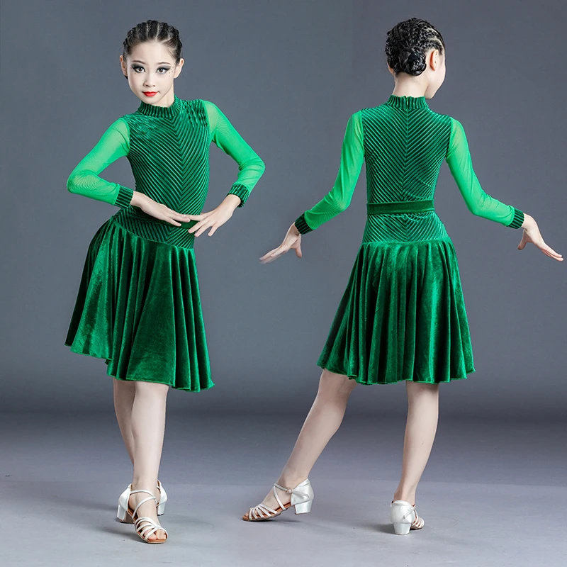 

2022 Latin Dance Dress Girls Professional Long-Sleeved Dance Dress Velvet Ballroom Competition Dress Latin Dance Costume SL4224