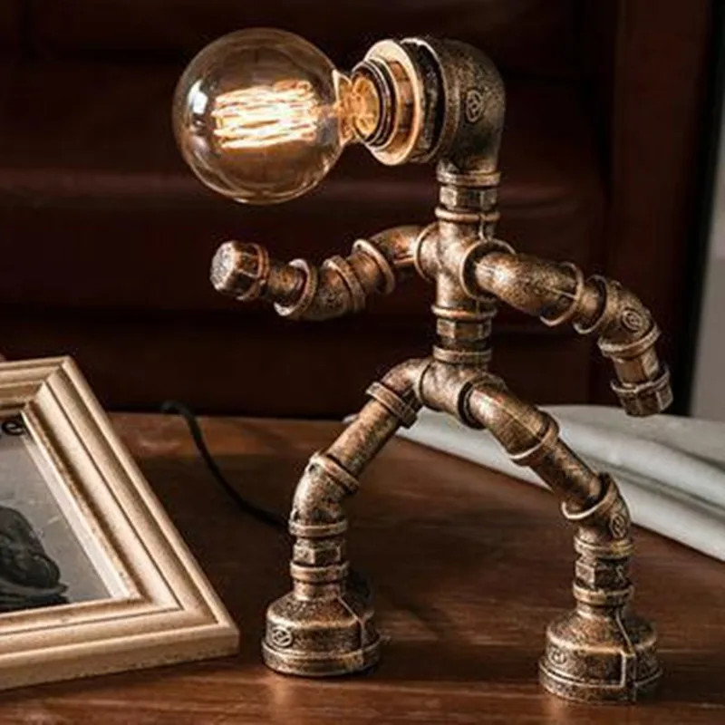 American Creative Personality Robot Table Lamp Nordic Cetro Industrial Antique Copper Water Pipe Table Lamp For Desk Bedroom images - 6