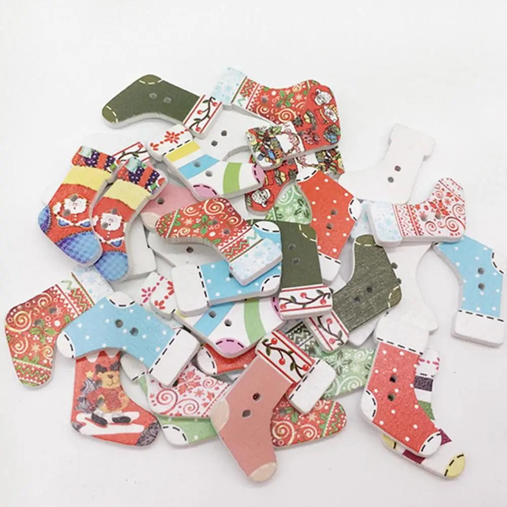16 шт. 2 отверстия разные цвета натуральный принт деревянные Рождественские