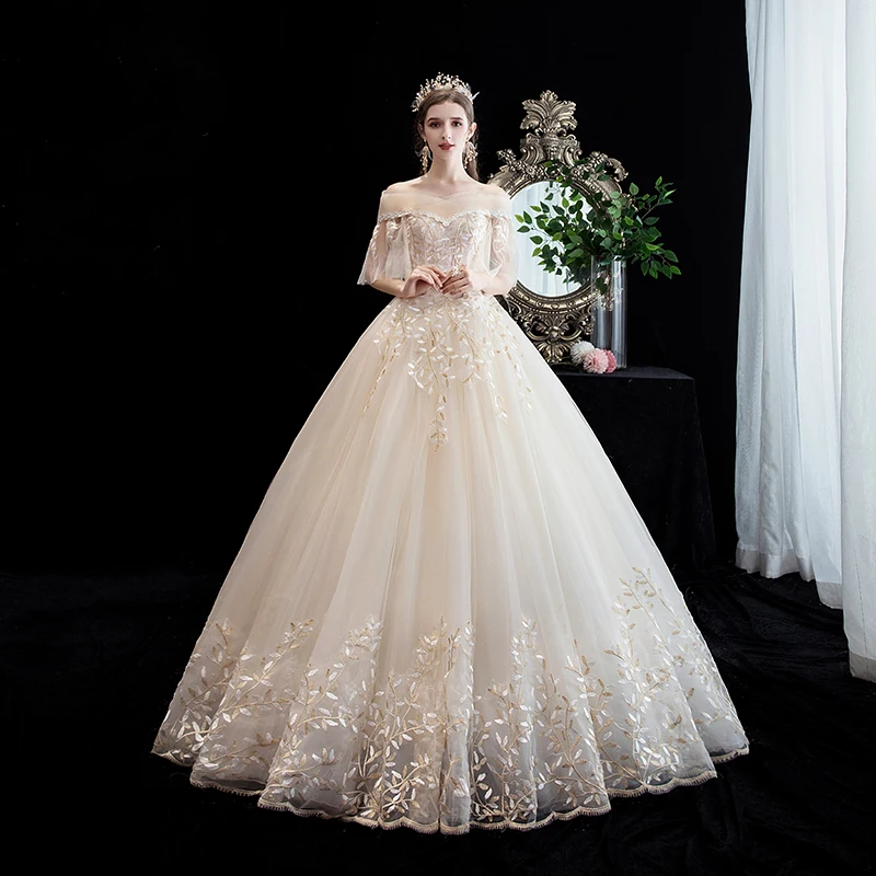Wedding Dress Short Sleeve Boat Neck Light Champagne Lace Up Ball Gown Princess Luxury Lace Wedding Dresses Plus Size