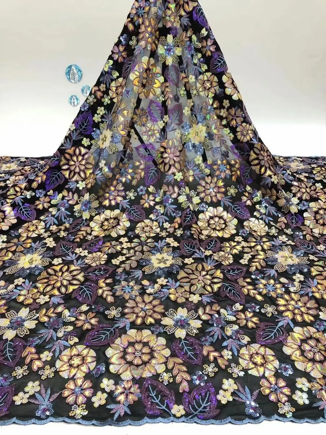 

High Quality Sequin Velvet Lace Fabric Nigerian Lace Fabric Embroidered Tulle African Velvet Lace Fabric FDF1113