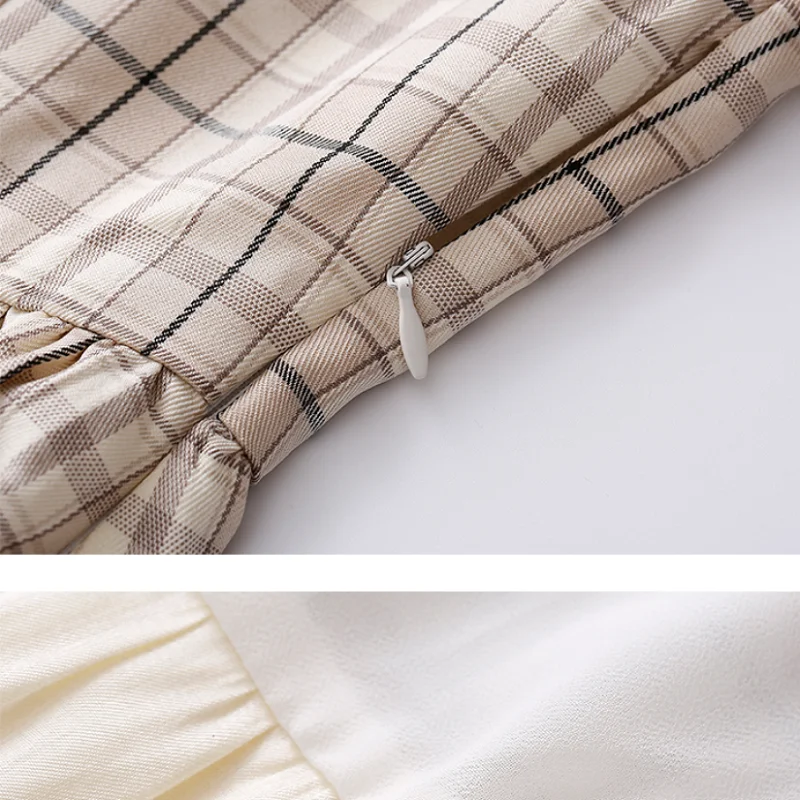 

England Style Spring Autumn Women Midi Dress Peter Pan Collar Bow Plaid Vintage Dress Elegant Long Sleeve Ruffles A-Line Dresses