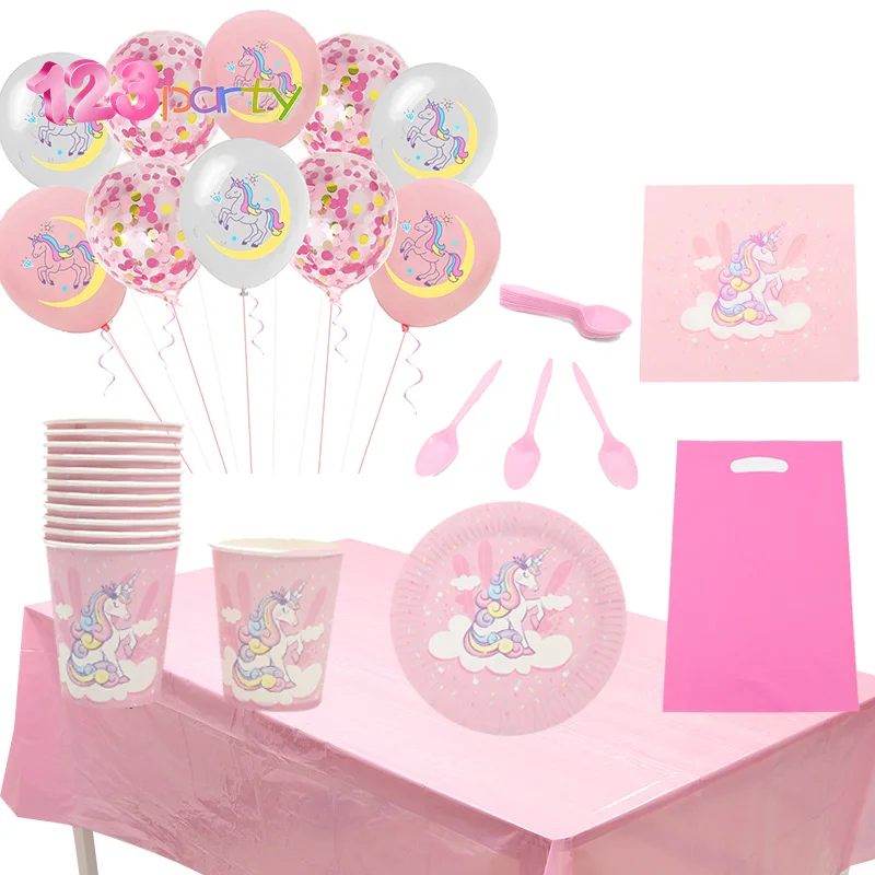 123 вечерние Единорог вечерние одноразовая посуда День рождения Baby Shower пластина Бумага чашки Бумага Полотенца украшения свадебные принадлежности