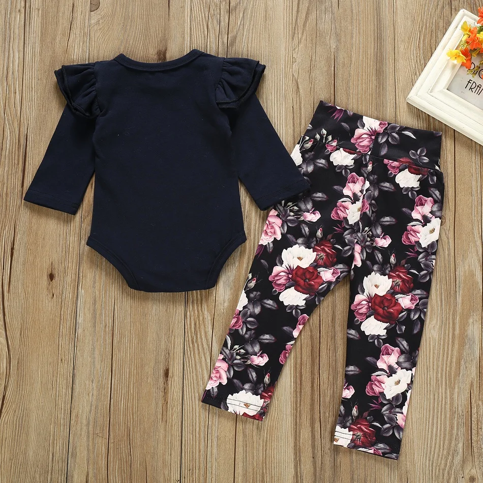 PatPat New Arrival Spring and Autumn 2pcs Baby Girl Solid Layered Shoulder Bodysuit and Floral Pants Set Baby's Clothing