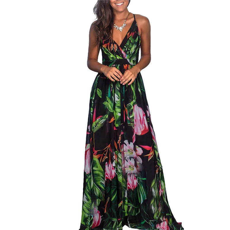 

Women Fashion V-neck Backless Dress Stylish Sleeveless Print Beach Dress for Ladies Female